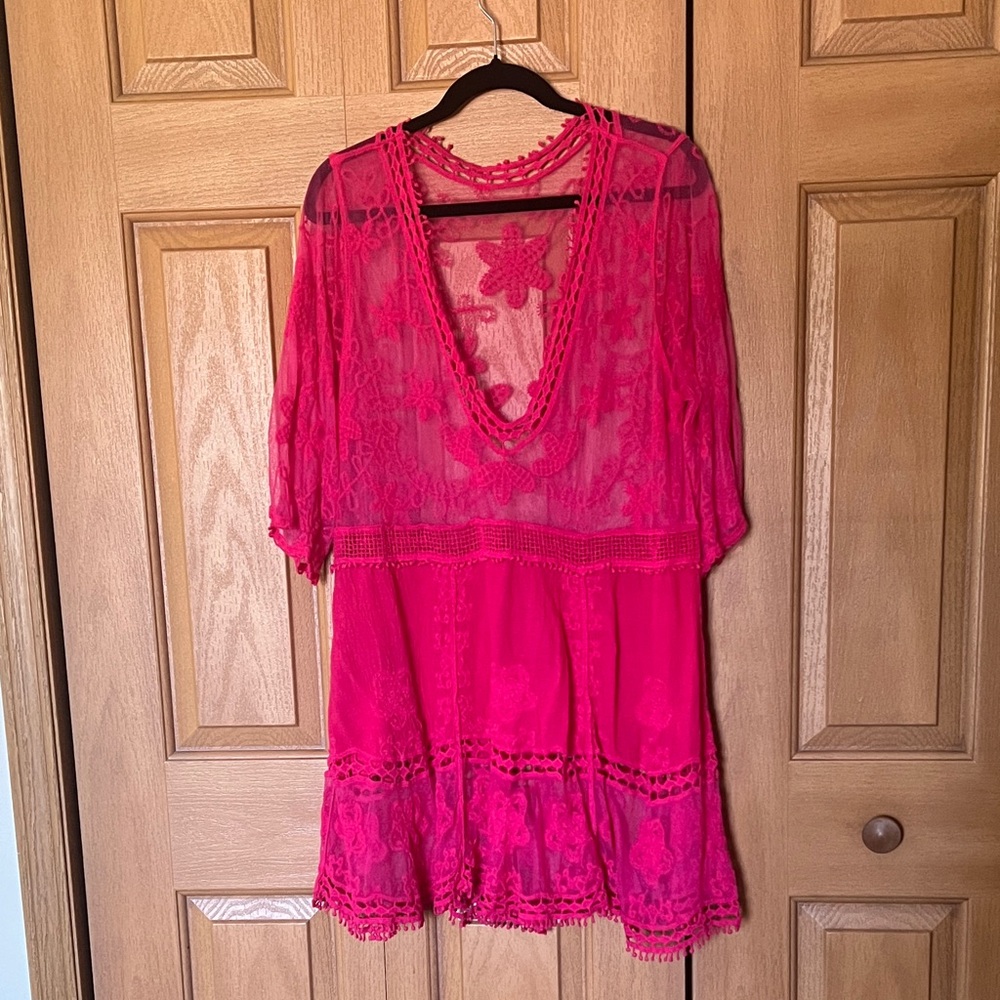 Sheer Pink Crochet Swim Coverup